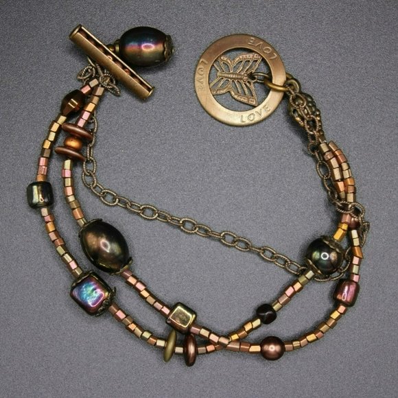 Unbranded Jewelry - Unbranded Three Strand Copper Brown Iridescent Beaded Bracelet Butterfly Charm